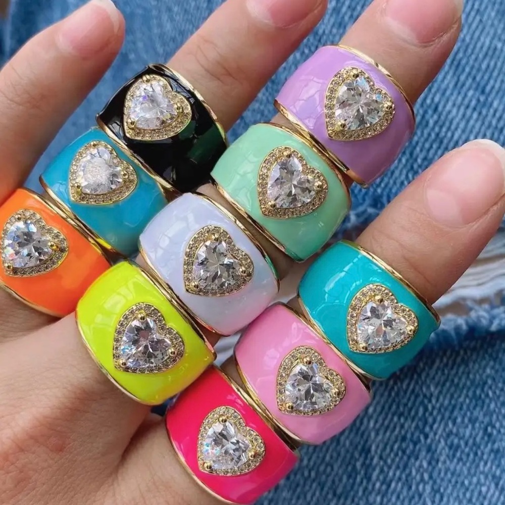 COPY - Mint Green Enamel Ring with Zircon Heart.